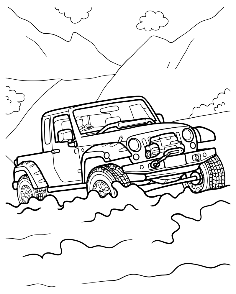 Раскраска - Внедорожники - Jeep пересекает воду