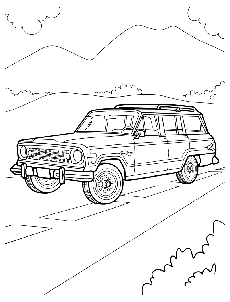 Раскраска - Внедорожники - Jeep Grand Wagoneer на дороге