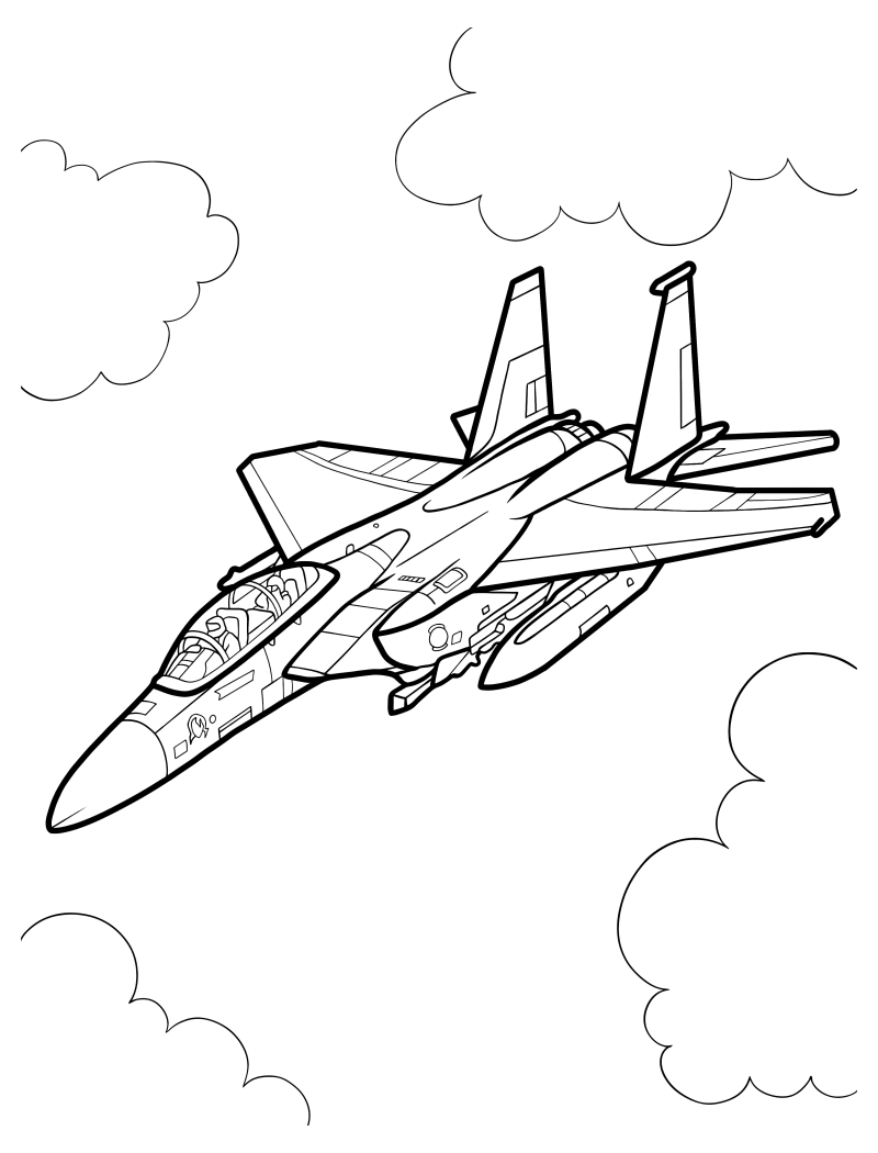 Раскраска - Военные самолёты - Самолёт McDonnell Douglas F-15 Eagle с облаками