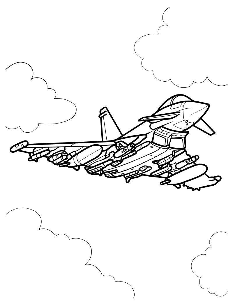 Раскраска - Военные самолёты - Самолёт Eurofighter Typhoon в воздухе