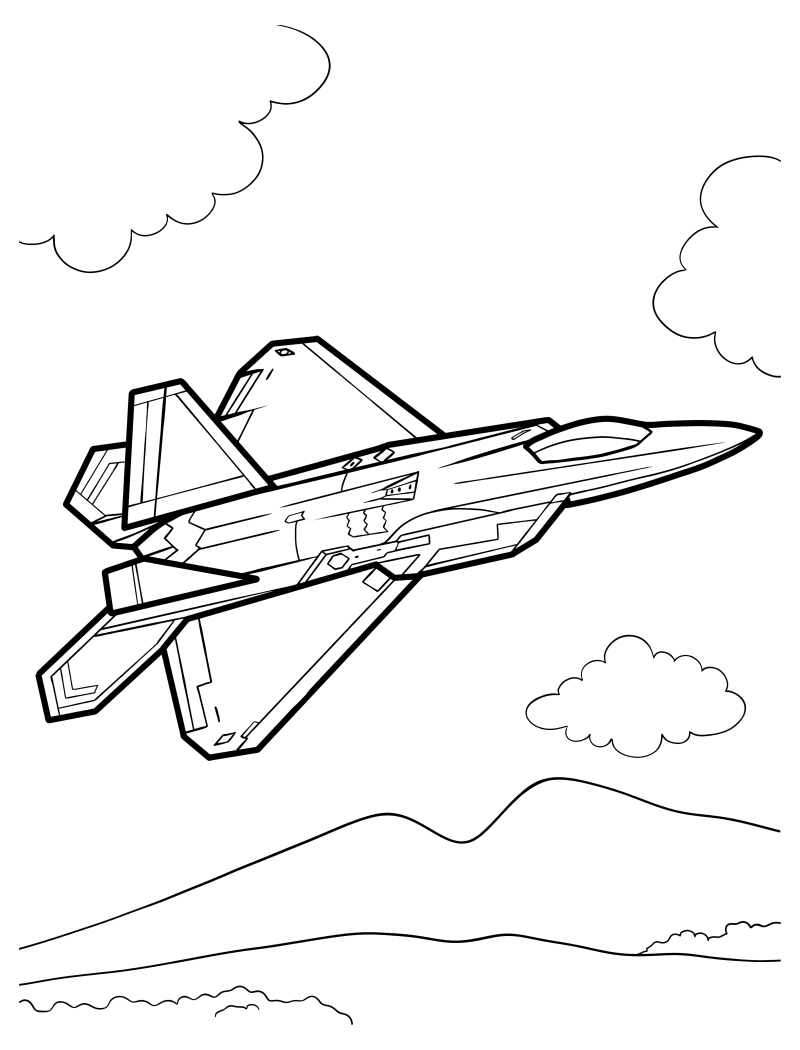 Раскраска - Военные самолёты - Самолёт Lockheed Martin F-22 Raptor в небе