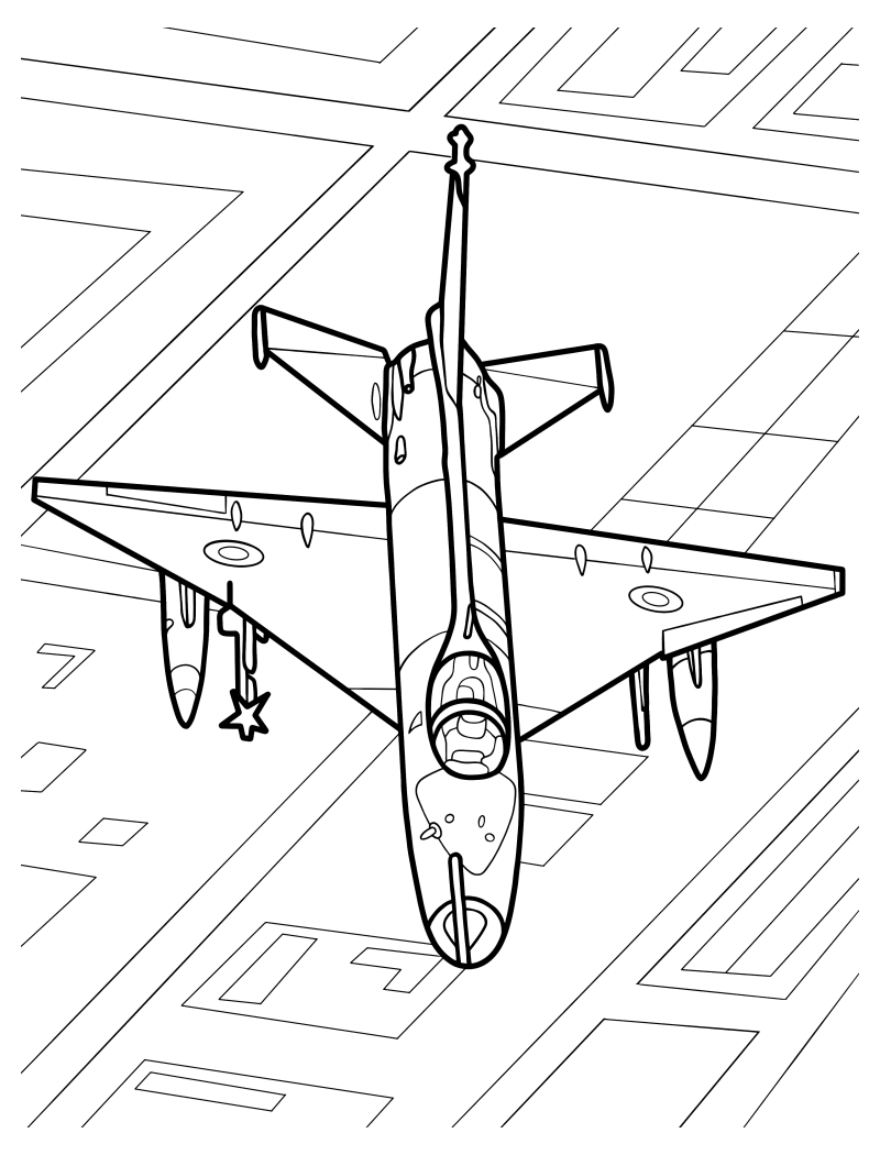 Раскраска - Военные самолёты - Вид сверху на истребитель Chengdu J-7