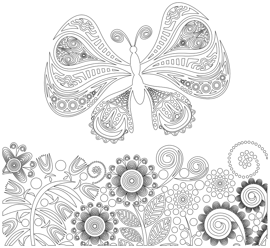 Раскраска - Узорные бабочки - Узорная бабочка с растениями 2