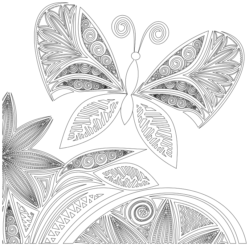 Раскраска - Узорные бабочки - Узорная бабочка с растениями 3