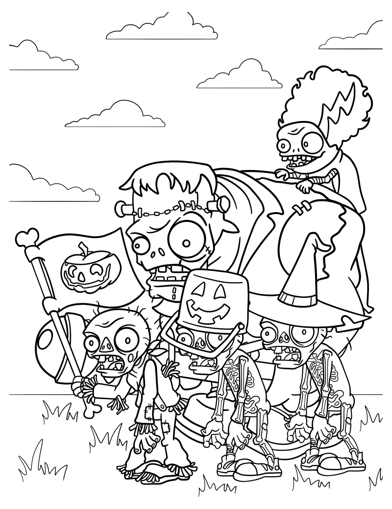 Раскраска - Plants vs. Zombies - Зомби в стиле Хэллоуина