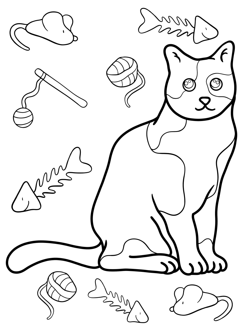 Раскраска - Коты - Кот с игрушками и едой