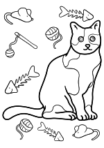 Раскраска - Коты - Кот с игрушками и едой