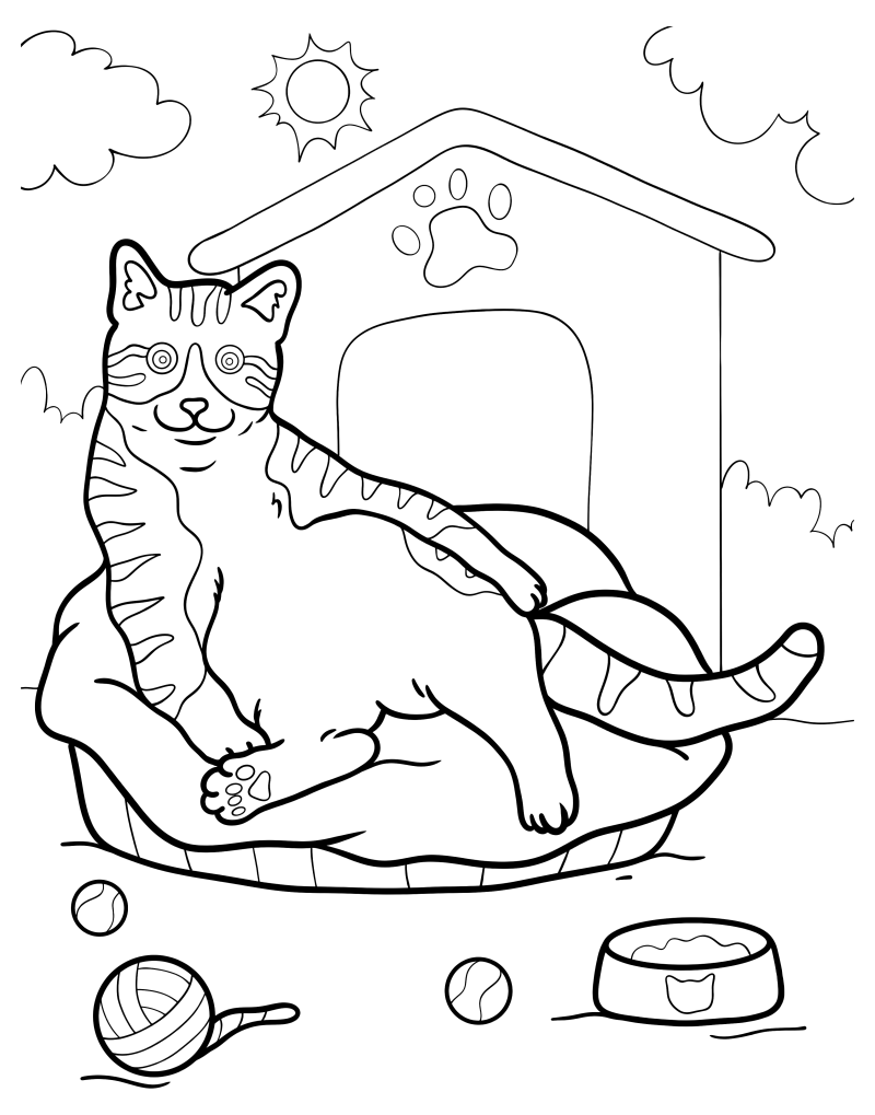 Раскраска - Коты - Кот лежит на кровати