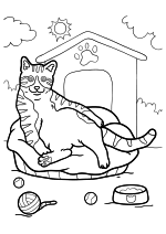 Раскраска - Коты - Кот лежит на кровати