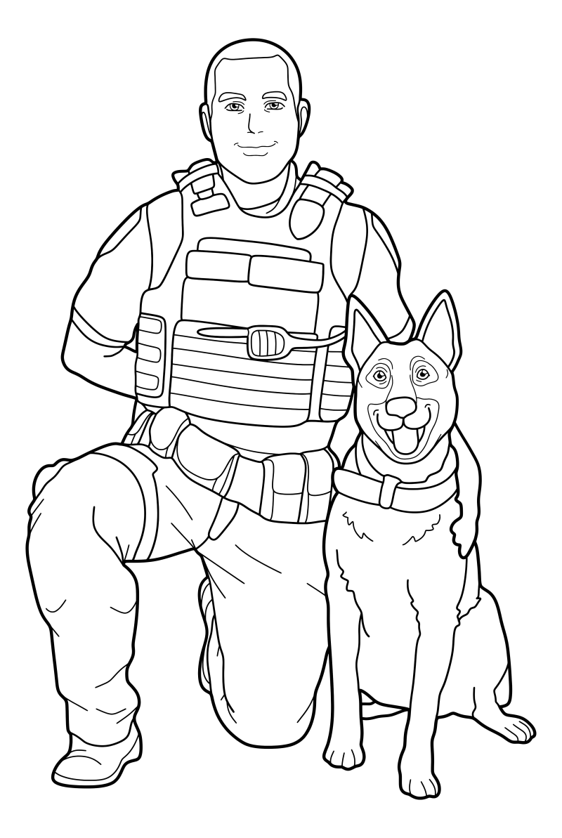 Раскраска - Собаки - Полицейский с собакой K-9
